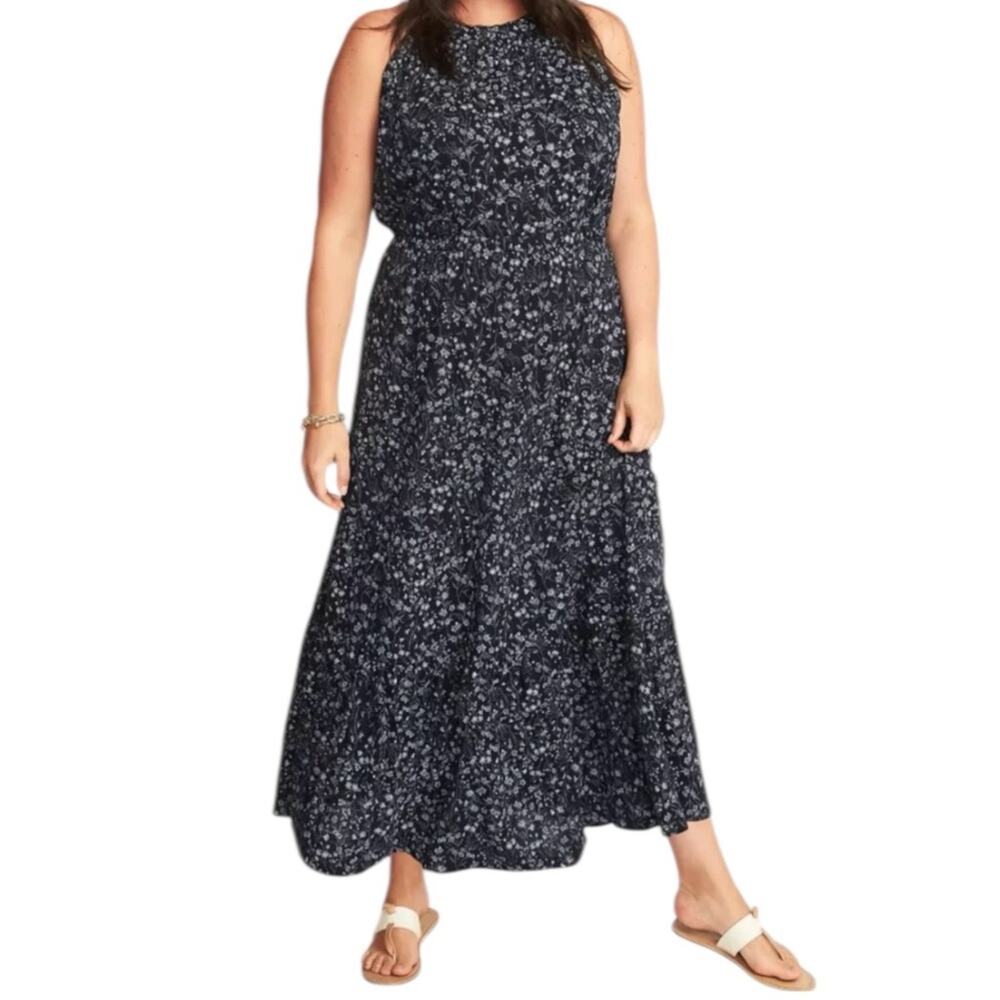 Old Navy High Neck Black Ditsy Floral Maxi Dress XXL NWT Waist Defined Jersey
